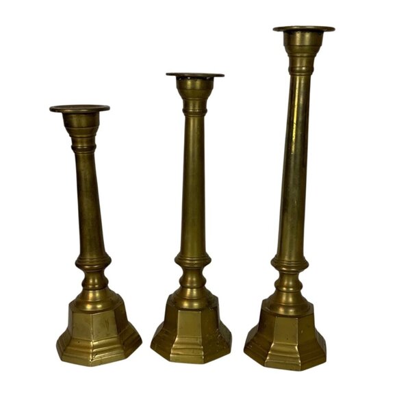 Vintage Brass Candlestick Holders Set Of 3 Graduated Heights Made in India - Picture 3 of 7